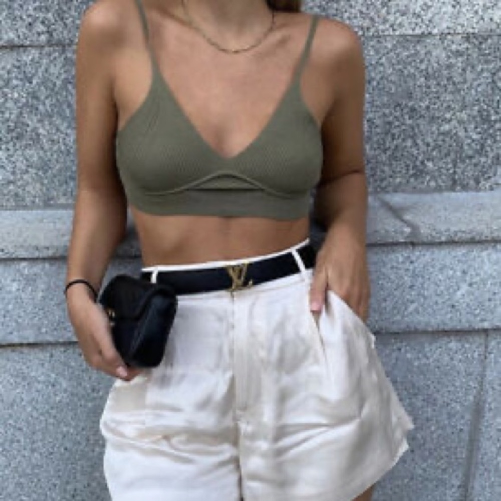 Zara Strappy Ribbed Knit Top Olive Green Spagehtti